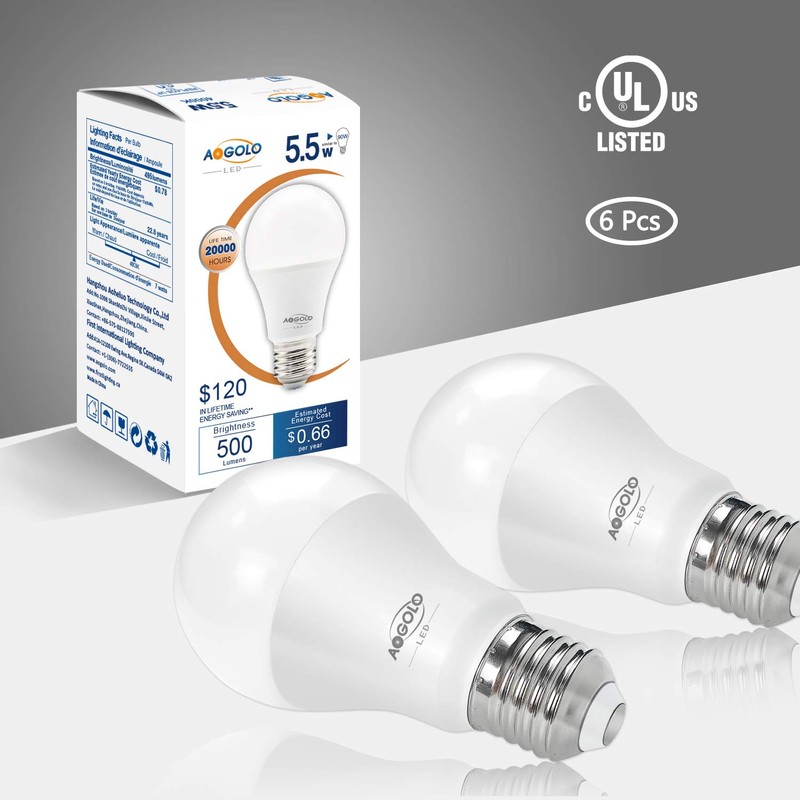 AOGOLO A19 5.5Watt, 4200K 6 Pcs 40 Watt Equivalent, LED