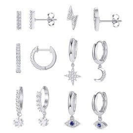 Milacolato 6Pairs Moon Star Dangle Hoop Earrings for Women Mini Bar Stud Earrings CZ Drop Cartilage Cute Jewelry Small Huggie Hoop Silver Set Gold Plated