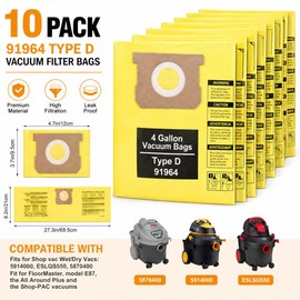 6 Pack 91964 Type D Vacuum Bags Replacement Compatible with Shop-Vac 4 Gallon Wet/Dry Vacuums, Fits 9196400 9196433 All Around Plus FloorMaster, High Efficiency Dust Collection Bag