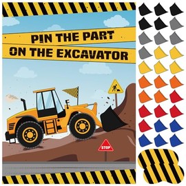 ASTARON Pin The Shovel on The Excavator Game with 30 Pcs Shovel Stickers for Car Theme Construction Party Supplies Truck Pin Game, Kids Adults