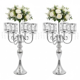 Silver Candelabra Table Centerpieces: 5 Arm Crystal Pendant Candle Holders