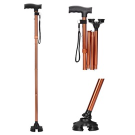 supregear Folding Cane, 5-Level Adjustable Folding Cane with T-Handle and Anti-lost Wrist Strap Non-Slip Self-Standing 4-Legged Rubber Support Collapsible Cane for Elderly Disabled Men Women, Brown
