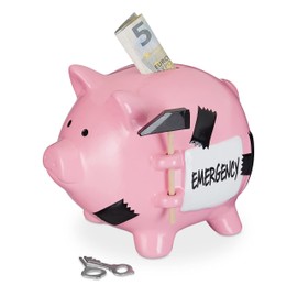 Relaxdays Piggy Bank with Hammer, Emergency Lettering, Lockable Ceramic Money Box, HBT: 14.5 x 15.5 x 20 cm, Pink