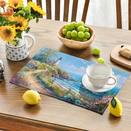 Lighthouse Placemats Set of 4 Beach Coastle Table Mats Blue Ocean Place Mats Decor Imitation Linen Heat Resistant Tablecloth for Dining Decoration Kitchen Party Restaurants 12''x18''