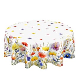 Yellow Floral Tablecloth Round 60 Inch Spring Flower Butterfly Decoration Outdoor Table Cloth Farmhouse Easter Table Cover for Dining Kitchen Holiday Party Picnic Indoor Home Outdoor Decor