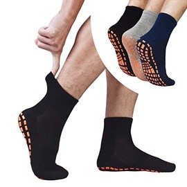 Non Slip Socks for Men House Socks with Grips 3 Pairs Anti-Skid Yoga Pilates Tile Wood Floors Hospital Slipper Socks (01 Black+gray+navy Blue, 10-13)