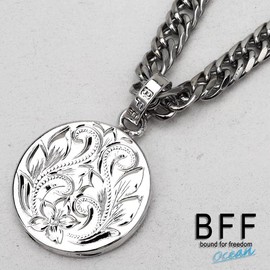 BFF Brand Coin Necklace, Double Curved, 6-sided Cut, Plumeria Maile Scroll Stainless Steel Chain, Gold, 18K Gold, K18 GP Gold, Hand Carved, Includes Exclusive Box