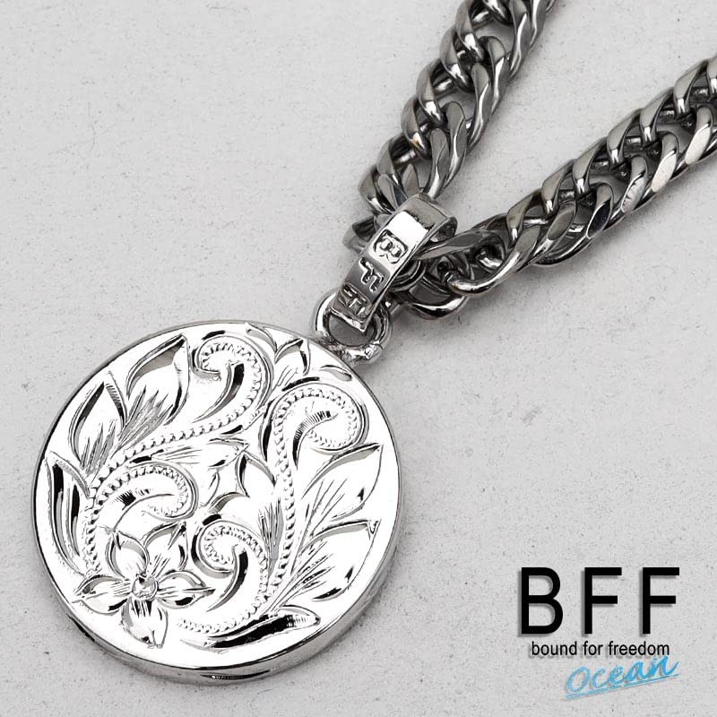 BFF Brand Coin Necklace, Double Curved, 6-sided Cut, Plumeria Maile