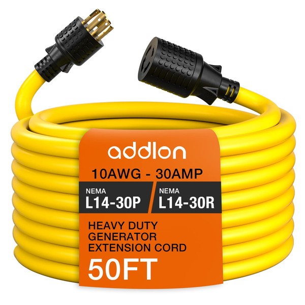 addlon 30 Amp Generator Cord 4 Prong 50FT, NEMA L14-30P/L14-30R, 125/250 Volt 7500 Watts, 10 Gauge SJTW Locking Power Extension Cord for Manual Transfer Switch, Yellow, ETL Listed