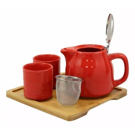 Bright Red Contemporary Ceramic 20oz Tea Pot With 2 Cups And Bamboo Tray Set