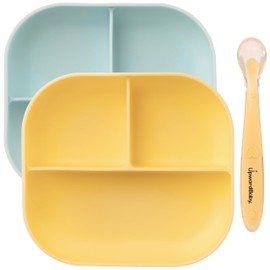 UpwardBaby 2 Pack Baby Plates and Spoon Set - Silicone Divided Suction Plates for Babies, Toddlers & Kids - Less Mess, Portion Food Plates Feeding Set - Non-Slip, Non-Toxic, BPA Free - Blue/Yellow