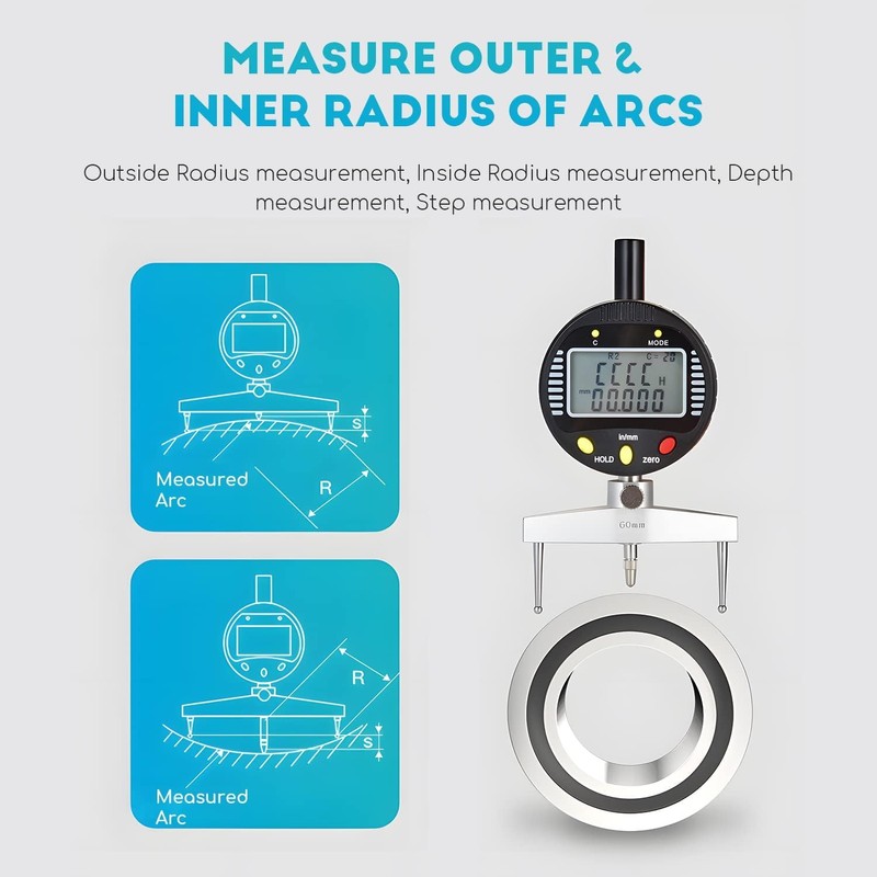 AICEYI Digital Inner and Outer Radius Measuring Instrument with 10mm/20mm/30mm/60mm/100mm