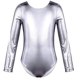 FUREINSTORE Dance Leotard Ballet Gymnastics Leotard Bodysuit Classic Shiny Stretch for Girls Long Sleeve Round Neck for Ballerina, silver, 8 Years