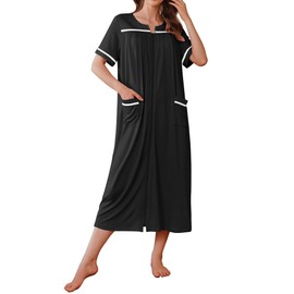 Ekouaer Women Zipper Robes Knit Short Sleeve House Coat Soft Bathrobe Full Length Housecoat Dressing Gown with Pockets