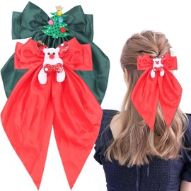 FULANSI Christmas Hair Bow Clips Christmas Tree Elk Hair Barrettes Big Bows Christmas Hair Accessories for Women Girls Red Green Ribbon Long Tail Bowknot Hairpins for Winter Xmas Party Decor 2pcs