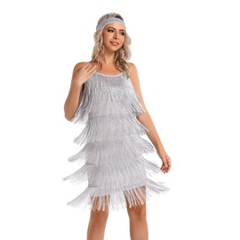 Women's Great Gatsby Flapper Spaghetti Tassel Dress with Headband, 20s Elegant Mini Dress Party Accessory COSTUME OUTFIT (M, Grey)
