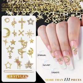 Kikonoke 130pc Gold Star Nail Charms - 3D Circles, Cross, Chain, Moon Nail Gems Alloy Accessories with Glass Rhinestones for Women DIY Design Craft Jewelry