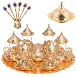 Alisveristime Handmade Turkish Tea Water Zamzam Serving Set Glasses Saucer, Tray and Spoon (Gold)