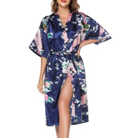 Lovasy Kimono Dressing Gowns Satin Kimono Robe Peacock and Blossoms Silk Dressing Gown for Women UK Long Silk Bride and Bridesmaid Robes,Dark Blue,S