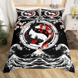 Feelyou Japanese Koi Fish Duvet Cover King Size Kids Wave Bedding Set for Boys Girls Teens Cherry Blossoms Japanese-Style Comforter Cover(No Comforter)