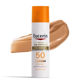 Eucerin Sun Tinted Age Defense - Loción de protección solar facial SPF 50 con ácido hialurónico, protector solar tintado para cara, tinte mezclable para todos los tonos de piel, no comedogénico e