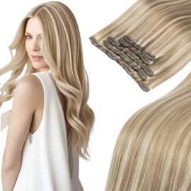 MEI YUAN LIN Clip In Hair Extensions Real Human Hair Ash Blonde Mix Bleach Blonde 5pcs 85g 12inch