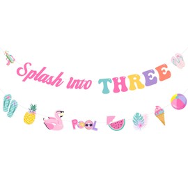 Fangleland Splash Into Three Birthday Banner Garland, Hawaii Tropical Summer Pool Theme 3rd Bday Party Decor Supplies for Girls Women