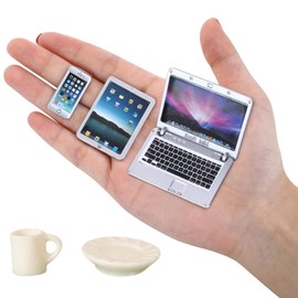 5 Pieces Dollhouse Learning Accessories, 1:12 Mini Dollhouse Laptop, Gnome Accessory Set, Dollhouse Scene Simulation for Photo Props DIY Role Play (Silver)