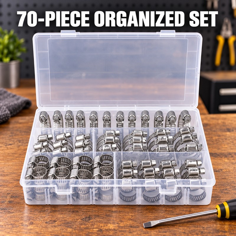 70-Piece Stainless Steel Worm Gear Hose Clamp Assortment, 6-29 mm