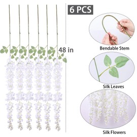 mizii 6Pcs White Wisteria Hanging Flowers 48" Silk Wisteria Artificial Flowers Garland Vines Fake Hanging Flowers Decoration for Wedding Flower Wall Backdrop Centerpieces Party Room Decor (White)