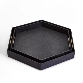 Two's Company Set of 2 Black Hexagon Stingray Trays with Golden Handles