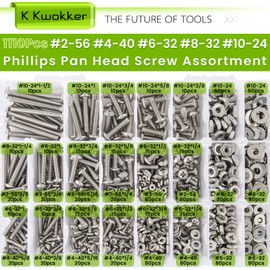 1110Pcs #2-56#4-40#6-32#8-32#10-24 Nuts and Bolts Assortment Kit, Phillips Pan Head Machine Screw Assortment Kit, K Kwokker 25 Sizes 304 Stainless Steel Assorted Nuts and Bolts Washers for Screws