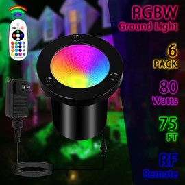 6-in-1 Color Changing Landscape Lighting Kit,6 Pack Low Voltage RGBW Landscape Ground Lights with Transformer &Remote 75FT Wire,16 Color+ Warm White Uplights for Hollween Garden,Tree,Patio 36W
