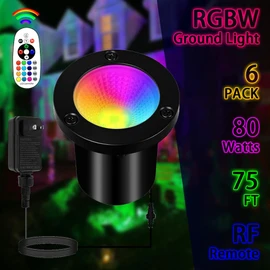 6-in-1 Color Changing Landscape Lighting Kit,6 Pack Low Voltage RGBW Landscape Ground Lights with Transformer &Remote 75FT Wire,16 Color+ Warm White Uplights for Hollween Garden,Tree,Patio 36W