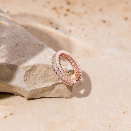 Gold Plated Rings Cubic Zirconia Baguette Cut Eternity Bands for Women (Rose gold, 7)