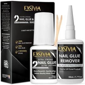 Super Strong 2nd Generation Nail Glue (10ml) & Acetone-Free Remover (50ml) with Cuticle Pushers, Essential Press-On Nail Kit, Quick Dry, Long-Lasting Bond, No UV Lamp Needed