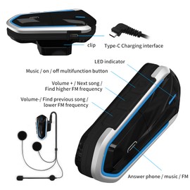 Auriculares inalámbricos para motocicleta, puerto tipo C, radio FM, respuesta automática manos libres, número de teléfono entrante, música estéreo HD