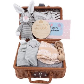9 en 1 Regalos para Baby Shower, Juego de para bebé, Cesta con Ropa, Toalla de Baño, Calcetines, Sonajero, Muñeca