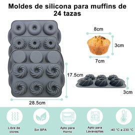 Moldes Silicona de Muffin Tartas, Moldes para Hornear Cupcakes Mini Calabaza Tazas Molde Antiadherente Reutilizable para Rosquillas Donas Magdalenas Pastelería, 4 Paquete, 24 Cavidades, 28.5*17.5*3cm