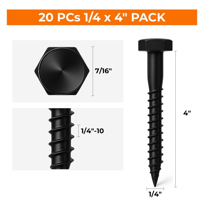 1/4 x 4 Black Lag Bolts, 10 PCs Dacromet-Coated 304