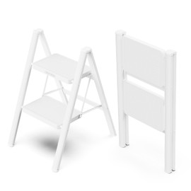 WOA WOA Step Ladder for Home, Foldable Step Stool for Kitchen with Non-Slip Pedals, Sturdy Ladders Supports up to 330 lbs, Compact and Portable - 2 Step/White