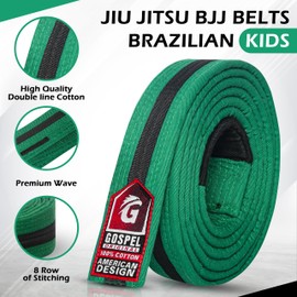 GOSPEL Sports Brazilian Jiu Jitsu Belts Preshurunk Martial Arts Youth BJJ Belts for Girls & Boys with BJJ Ranking Stripes (Green Black, A2)