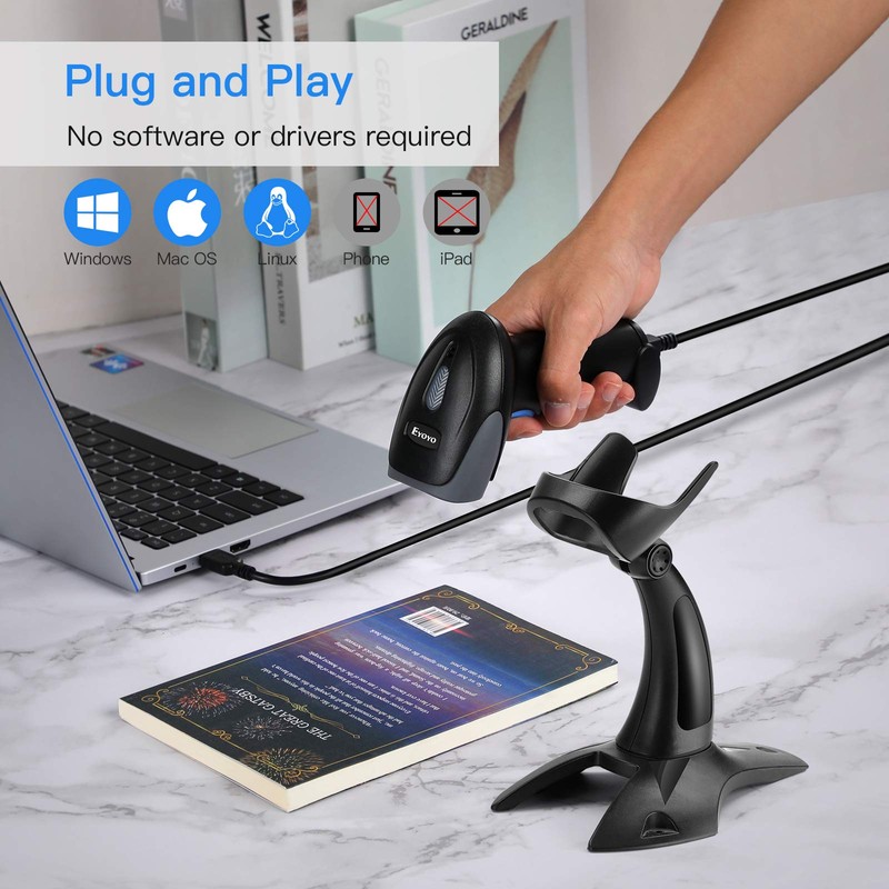 Eyoyo Wired 1D 2D Barcode Scanner with Gooseneck Stand Handsfree/USB