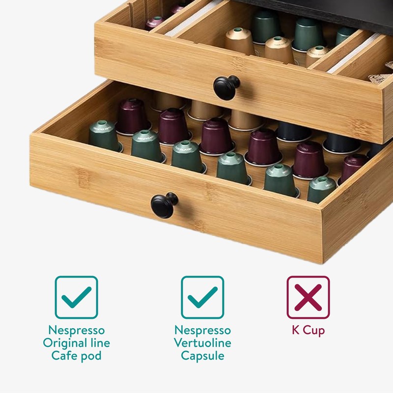 Navaris Bamboo Coffee Pod Drawer Organizer - Capsule Storage Holder
