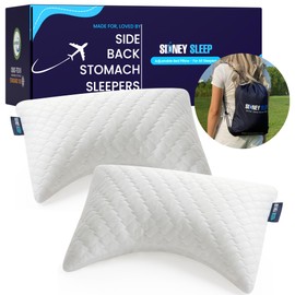 Sidney Sleep Set of 2 Mini Travel Size Neck Pillows - Knee Pillow - Back Lumbar Support - Curved Bed Pillow - 14 x 19 Inches - Adjustable Loft - Carry Backpack Included (White 2 Pack Mini)