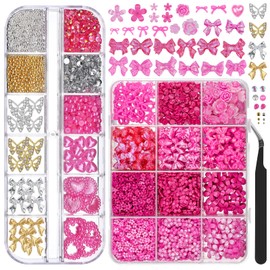 2 Boxes 3D Nail Charms Set, Nail Bows Charms and Flowers, 3D Bows for Nails with Petals Caviar Beads Flatback Crystals Pearls Y2K Alloy Butterfly Bow with Tweezers for Nail DIY (Hot Pink)