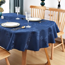 Wolkemer Shiny Oval Jacquard Tablecloth 60 x 102 Inch Navy Blue Floral Countryside Leaves Damask Patterns Table Cloth Glossy Fabric Table Cover for Dinner Kitchen