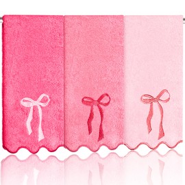 UHRMF 3Pcs 100% Cotton Bow Scalloped Hand Towels for Bathroom Embroidered Pink Bow Coquette Stuff Gifts Decorative Towels for Bathroom Kitchen Scallop Decor