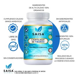 Cartílago De Tiburón  Suplemento Alimenticio 100 Puro  100 Cápsulas De 500 Mg Cu.  Saisa Herbal  Ayuda a huesos, articulaciones, salud ósea           