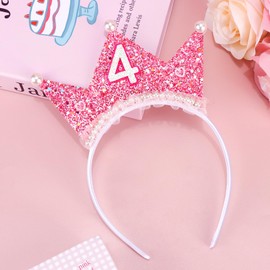Vovii 4th Birthday Headband for 4th Birthday Decorations for Girls, Birthday Girl Headband Princess Crown with Pearl for 4 Year Old Girl Birthday Decorations, Happy 4th Birthday Girl Outfit Dress